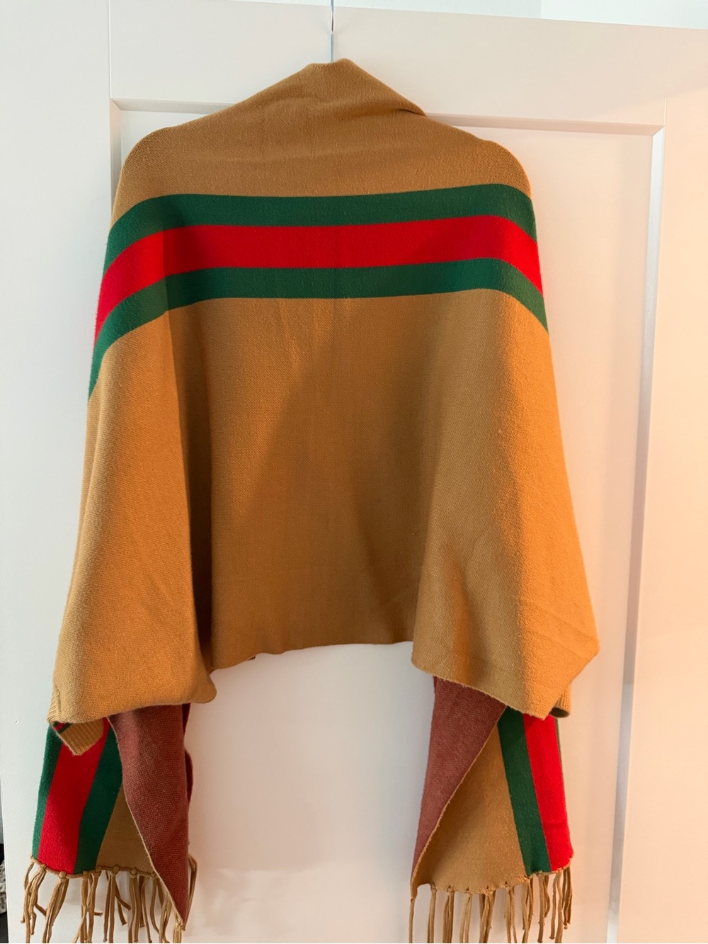 Open-Front Fringe Knit Cardigan in Tan with Green & Red Stripes